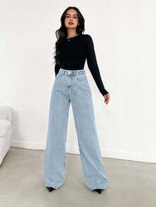 SHEIN Petite High Waist Casual Style Light Blue Snow Wash Regular Fit Button Front Wwideleg Jean - Light Wash - View 5