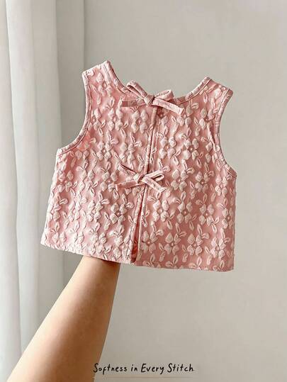 Cozy Pixies Baby Girl Sleeveless Solid Color Round Neck Vest With Bow Decor
