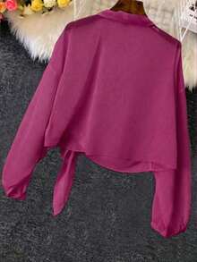 Linhara Plus Size Casual Solid Color Front Tie Loose Long Sleeve Shirt - Hot Pink - View 2