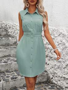 Wandoria Patched Pocket Button Front Sleeveless Solid Shirt Dress Vacation Beach Outfits Women - Mint Green - View 3