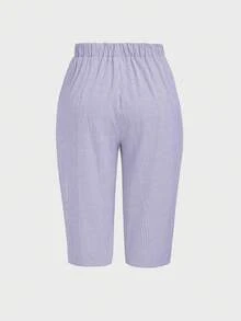 SHEIN LUNE CURVE Plus Size Women's Spring/Summer Linen Striped Casual Comfortable Basic Striped Pants, Daily/Vacation/Beach Pants With Button Decor Capri Pants - Mauve Purple - View 2