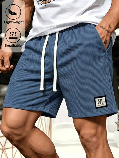 1pc Men's Lake Blue Casual Letter Print Sports Shorts, Summer