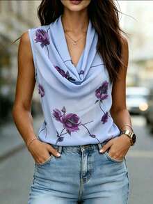 GlowEve CURVE Áo tank top dáng rộng chất liệu chiffon in kỹ thuật số, thích hợp mặc mùa hè. - Màu tím hoa cà - Xem 1