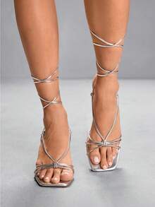 CUCCOO SZL Giày sandal cao gót nữ mùa hè mới, màu vàng ánh kim, quai chéo, thời trang, thanh lịch, gót nhọn, mũi vuông, hở mũi. - Bạc - Xem 8