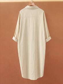 Linhara Plus Size Women Beige Shirt Dress,Minimalist Lapel Single-Breasted Long Asymmetrical Hem Loose Fit Casual Commute,Smart Casual Vacation Sommar Dress - Apricot - View 2