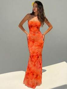 Aloruh Robe de vacances à imprimé floral polyvalente et à la mode pour femmes, convient pour les sorties - Orange - Voir 5