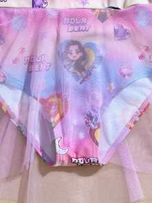 SHEIN 女童鱼鳞印花连体泳衣，网纱荷叶边下摆，简约时尚，速干舒适针织面料，适合游泳池、海滩、冲浪、度假、夏季旅行。 - 彩色 - 查看 5