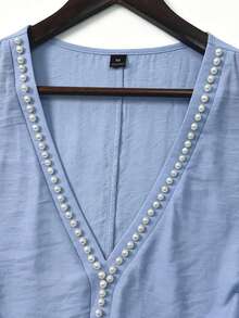 EMERY ROSE Plus Size Woven Casual Elegant V-Neck Beach Vacation-Style Summer Women's Shirt Light Blue - Blue - View 6