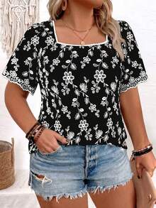 EMERY ROSE Plus Size Women Floral Embroidery Square Collar Short Sleeve Casual Boho Shirt Vacation Black And White Summer Business - Black - View 4