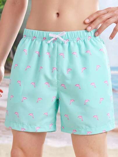 Tween Boys' Casual Fashionable Dolphin & Ocean Life Print Loose Beach Shorts, Suitable For Summer, Beach, Outdoor, Swimming