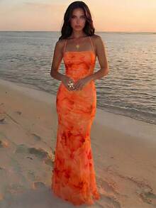 Aloruh Robe de vacances à imprimé floral polyvalente et à la mode pour femmes, convient pour les sorties - Orange - Voir 3