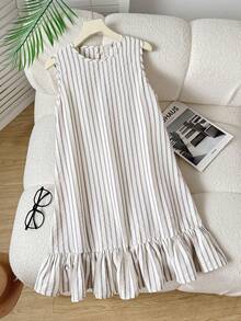 SHEIN 少女圆领蓝白条纹休闲夏季连衣裙，荷叶边下摆 - 黃色 - 查看 7