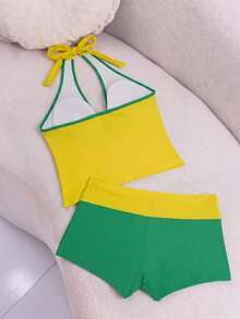 Elavelle Top de bikini de tirantes finos con estampado posicionado y unicolor, con lazo, para mujer en primavera/verano - Multicolor - Ver 2