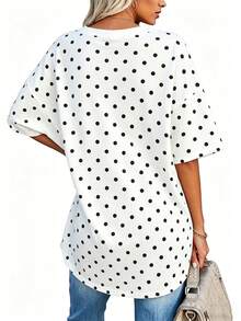 EMERY ROSE Plus Size Spring Polka Dot Short Sleeve Casual V-Neck T-Shirt, Summer Top - Multicolor - View 2
