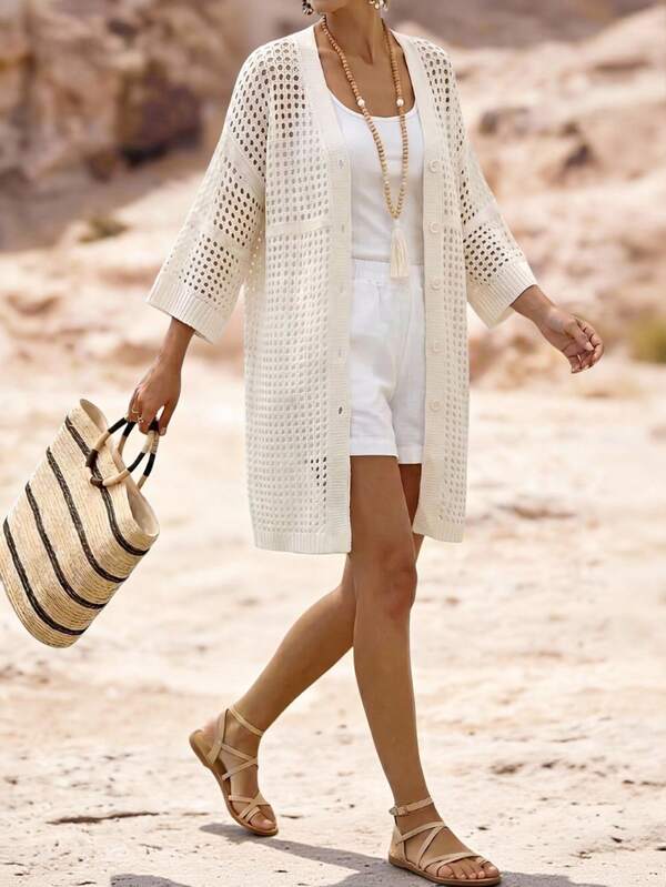 Linhara CURVE Áo khoác cardigan nữ cỡ lớn, màu trơn, cổ chữ V khoét rỗng, tay lửng 3/4, kiểu dáng thường ngày, phù hợp cho đi biển, du lịch, công sở.