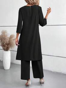 EMERY ROSE Women's Solid Color 3/4 Sleeve Shirt And Elastic Waist Pants 2 Pieces Set - Black - View 2