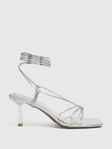 CUCCOO SZL Giày sandal cao gót nữ mùa hè mới, màu vàng ánh kim, quai chéo, thời trang, thanh lịch, gót nhọn, mũi vuông, hở mũi. - Bạc - Xem 4
