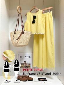 SHEIN PETITE CURVE Bộ đồ 2 món cỡ lớn, kiểu dáng thường ngày, in họa tiết kẻ caro: áo vest và quần. - Màu vàng - Xem 1
