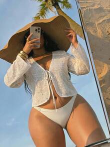 Swim SXY Plus Size Solid Color V-Neck Long Sleeve Casual Sexy Short Kimono, Summer Beach White - Red - View 5