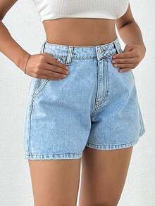 SHEIN Cottnline شورت جينز أزرق فاتح بخصر عالي وتصميم عادي، أسلوب كاجوال - أزرق فاتح - مشاهدة 7