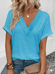 EMERY ROSE Kaos Wanita Lengan Pendek Leher V Warna Polos, Kasual dan Serbaguna - Biru - View 1