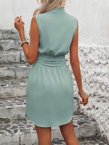 Wandoria Patched Pocket Button Front Sleeveless Solid Shirt Dress Vacation Beach Outfits Women - Mint Green - View 2