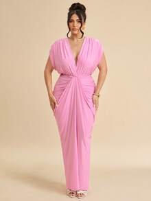 SHEIN BAE Đầm dự tiệc/hẹn hò thời trang màu trơn dành cho nữ cỡ lớn, cổ chữ V sâu, xếp ly. - Hồng - Xem 8