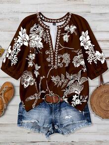 Linhara Versatile Mid-Sleeve V-Neck Floral Print Casual Shirt, Suitable For Commuting, Vacation, Fits Multiple Occasions, Plus Size - Brown - View 1