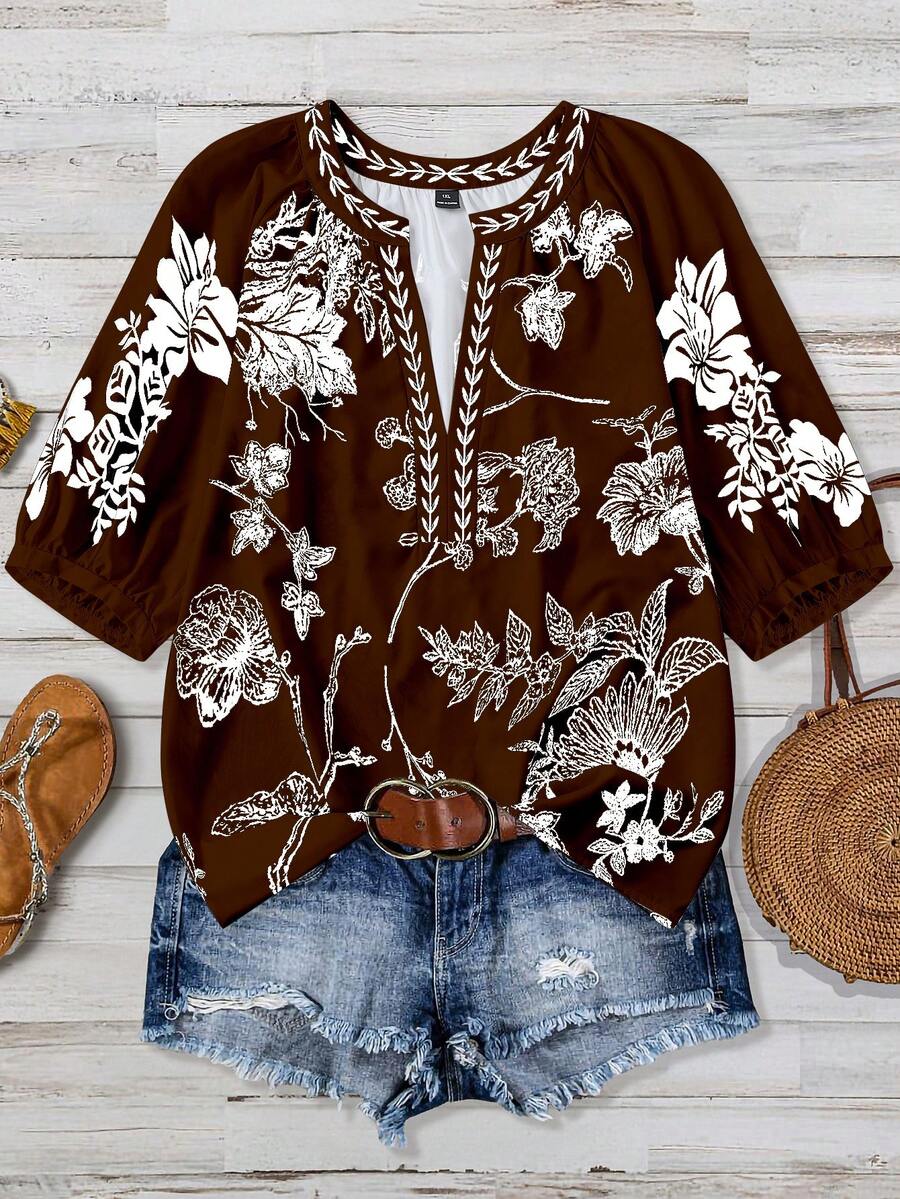 Linhara Versatile Mid-Sleeve V-Neck Floral Print Casual Shirt, Suitable For Commuting, Vacation, Fits Multiple Occasions, Plus Size - Brown - View 1