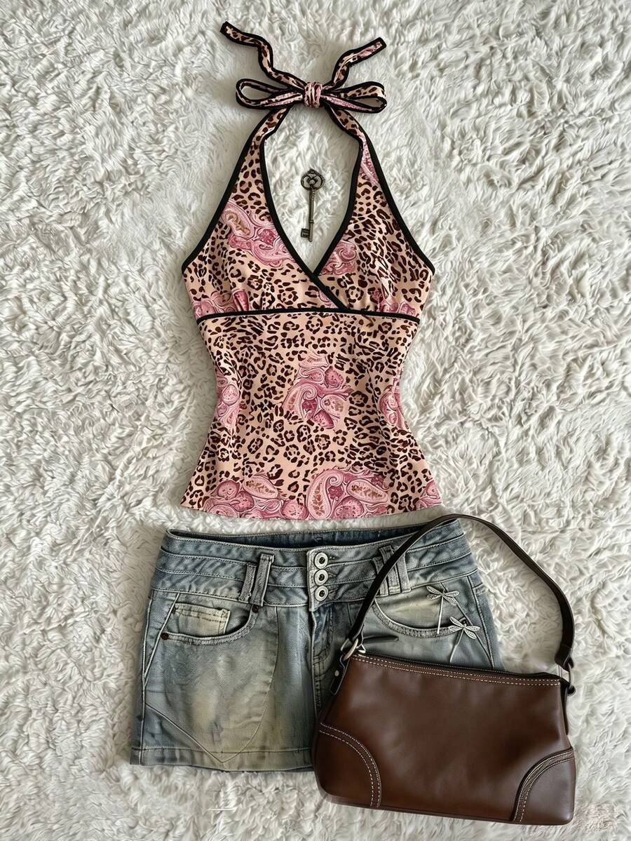 Glimmora Women's Leopard Print Cashew Floral Halter Neck Tie Back Tank Top - Multicolor - View 1