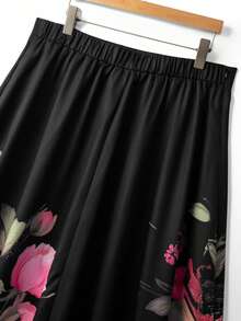 GlowEve CURVE Plus Size Women's Elegant Floral Print A-Line Skirt, Summer - Black - View 6
