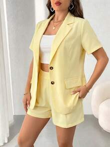 EMERY ROSE Plus Size Summer Commuter Elegant Notched Collar Short Sleeve Dopamine Yellow Blazer Jacket And Shorts Set Formal Office - Yellow - View 5