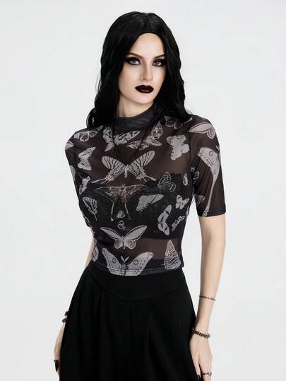 Breakform Gothic Top T-Shirt With Dark And Sexy Butterfly Pattern For Cool Girls Casual Vacation Butterfly & Prosperity Pattern Sheer Fitted T-Shirt