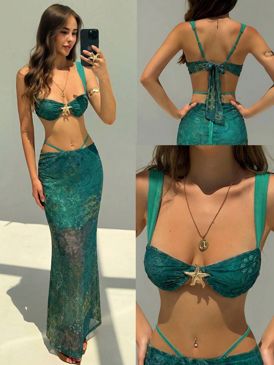 Aloruh Women's Vacation Metal Starfish Decor Tank Top And Printed Fitted Cover-Up Skirt 2-Piece Set - Green - View 1