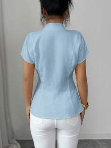 Selianne Women's Elegant Smart Casual Sicilian Style V-Neck Short Sleeve Blouse, Light Blue, Summer, Office, Work, Lightweight, Suitable For Commute, Party - Baby Blue - View 2