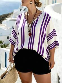 EMERY ROSE Plus Size V-Neck Batwing White Vacation Chiffon Cover Up Formal Vacation Summer Casual - Purple - View 3