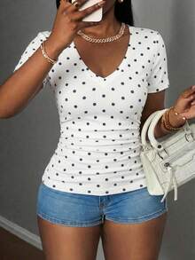 Slaydiva Versatile Casual Minimalist Polka Dot Pattern Plus Size V-Neck T-Shirt, Suitable For Music Festivals In Summer Brunch Formal White - White - View 3