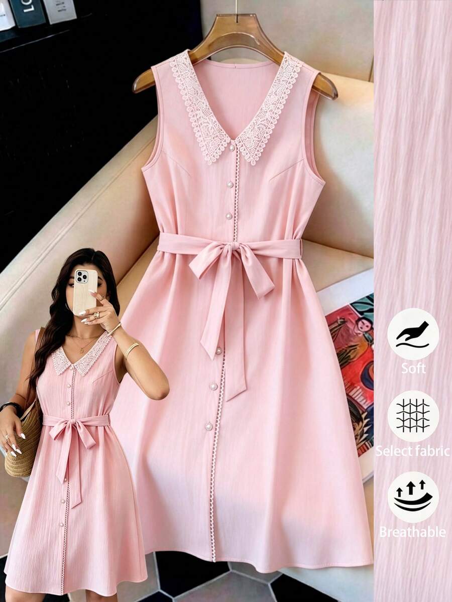 GlowEve CURVE Robe d'été à col V sans manches avec taille cintrée, ourlet découpé avec dentelle délicate, grande taille - Rose bonbon - Voir 1