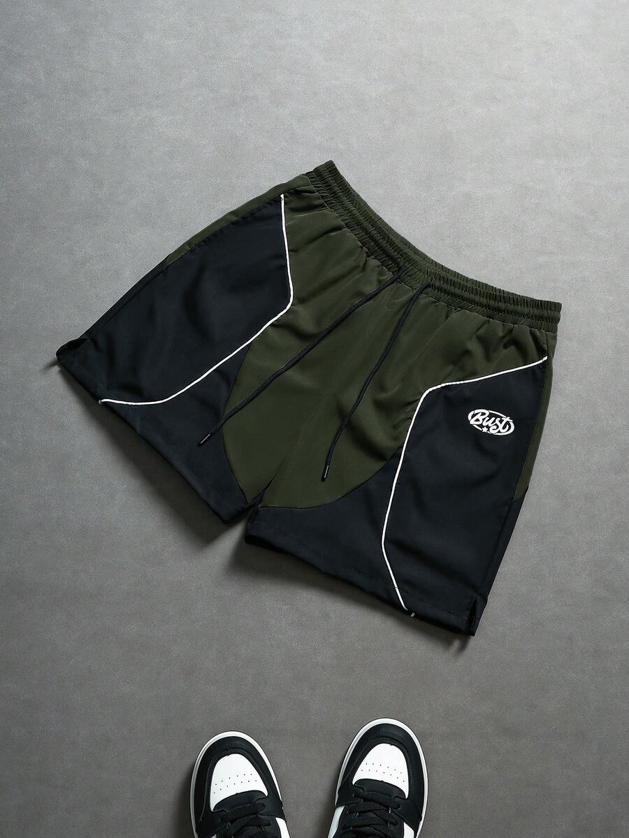 Manfinity ZONE917 Men's Contrast Color Patchwork Letter Print Drawstring Waist Shorts, Holiday - Army Green - View 1