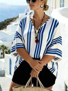 EMERY ROSE Plus Size V-Neck Batwing White Chiffon Cover Up, Beach Vacation Summer - Blue - View 4