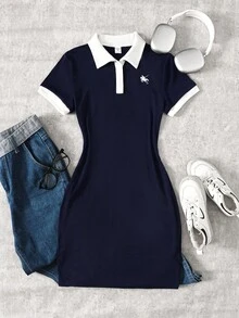 SHEIN 青少年女孩休閒校園風 Polo 領藍白配色貼身洋裝 - 藍色 - 查看 2
