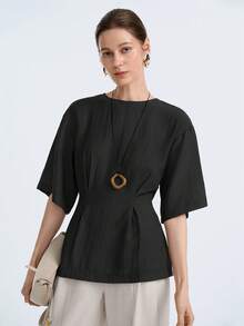 Aalyst Áo kiểu nữ tay ngắn dáng chữ A, cổ tròn, xếp ly eo, chất liệu pha lanh, thanh lịch kiểu Pháp lãng mạn cổ điển, thích hợp cho công sở, đi biển, mặc thường ngày, bộ sưu tập xuân/hè mới. - màu đen - Xem 5