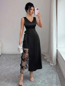 Vestido casual de fiesta para mujer con escote en V, parches de malla y bordado floral - Negro - Ver 5