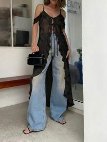 Firerie Áo hai dây maxi cổ chữ V xếp ly xuyên thấu gợi cảm kiểu Bohemian dành cho nữ, thích hợp cho lễ hội âm nhạc, kỳ nghỉ biển. - màu đen - Xem 11