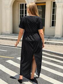 Easura Plus Size Fitted Mid-Length Dress,V-Neck Black Polka Dot Lace Accent,Urban Chic Style,Elegant Black And White Summer Date Night Wedding Party Gown - Multicolor - View 3
