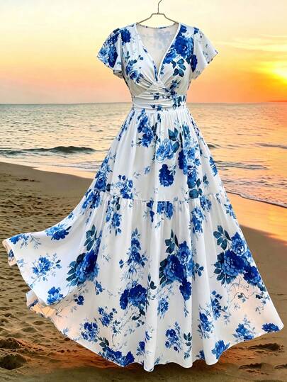 GlowEve CURVE Vestido elegante con estampado floral y mangas con volantes para mujer de talla grande