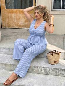 Easura 2 piezas Conjunto casual de vacaciones para mujer, top sin mangas a rayas con cintura anudada y pantalones, conjunto de 2 piezas de verano para mujer, ropa casual de vacaciones para mujer - Azul y blanco - Ver 5