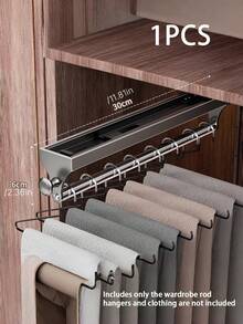 1pc Gunmetal Gray Pull-Out Sliding Clothes Hanger, Convenient And Quick, Multi-Functional Wardrobe Storage, With Painted Metal Hangers, Heavy-Duty Adjustable Clothes Rod, Space-Saving Aluminum Hanger Rod, Suitable For Bedroom Wardrobes, Apartments, And Dormitories. - Grey - View 14