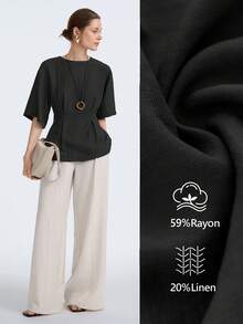 Aalyst Áo kiểu nữ tay ngắn dáng chữ A, cổ tròn, xếp ly eo, chất liệu pha lanh, thanh lịch kiểu Pháp lãng mạn cổ điển, thích hợp cho công sở, đi biển, mặc thường ngày, bộ sưu tập xuân/hè mới. - màu đen - Xem 1