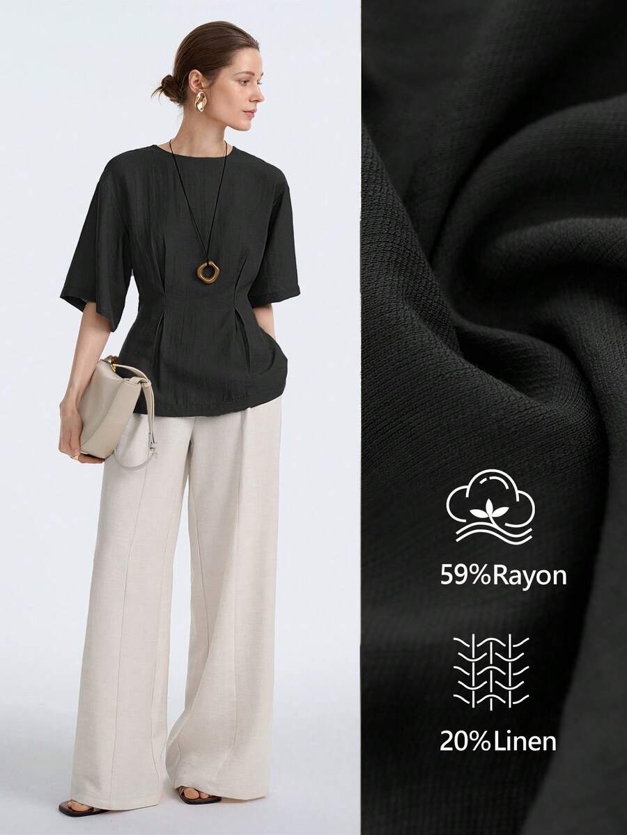 Aalyst Áo kiểu nữ tay ngắn dáng chữ A, cổ tròn, xếp ly eo, chất liệu pha lanh, thanh lịch kiểu Pháp lãng mạn cổ điển, thích hợp cho công sở, đi biển, mặc thường ngày, bộ sưu tập xuân/hè mới. - màu đen - Xem 1